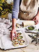 Pizza scrolls with salami and green pepper