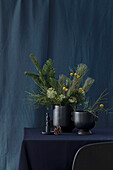 Strauß aus verschiedenem Tannengrün mit Craspedia in schwarzer Vase vor blauem Hintergrund