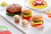 Colorful fruit jelly candy in the shape of hamburgers