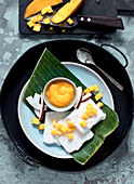 Coconut ice cream with mango puree
