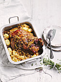 Slow-cooked lamb shoulder with stout and farro