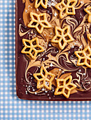 Dark chocolate bark with biscoff swirl and salted pretzels