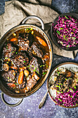 Braised beef ribs with red cabbage salad