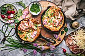 Mini Dutch-Baby with cheese, prosciutto and radishes