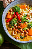 Laksa noodle soup with pumpkin and broccoli (Thailand)