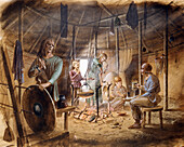 Inside an Iron Age house, c5th century BC, illustration