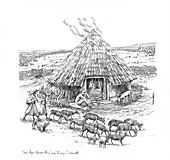 Farmers and goats outside Iron Age Roundhouse, illustration