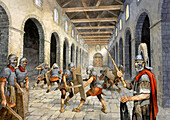 Roman infantry practising combat, c3rd century, illustration
