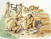 Hominids and Hyenas, Upper Palaeolithic, illustration