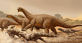 Quilmesaurus hunting a herd of Saltasaurus, illustration