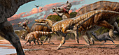 Alioramus chasing Olorotitan dinosaurs, illustration