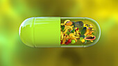 Pill with fruits, conceptual illustration