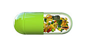 Pill with fruits, conceptual illustration