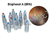 Bisphenol A molecule and plastic bottles, illustration