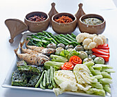 Thai buffet with fish and vegetables
