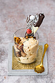No-churn caramel ice cream with hot cross bun croutons and chocolate bark with Easter eggs