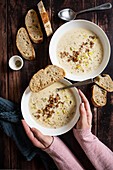 Vegetarian cheese and leek soup with soy crumbles