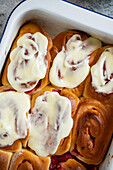 Strawberry yeast buns with cream cheese frosting