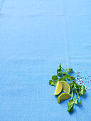 Lime slices, fresh cilantro, and spices on a blue background