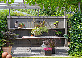 Kreativ gestalteter Gartenplatz mit Tisch, Pergola und Pflanzen in Malmö