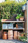 Rustic plant table with terracotta pots in a sunny corner of the garden