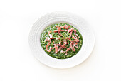 Risotto with spinach, dill, and bacon
