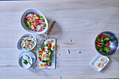 Broccoli salad with yogurt and herb dressing and radish salad with chicken