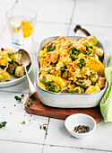 Vegetarian Brussels sprout casserole with tofu