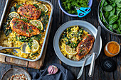 Roasted chicken breasts with couscous and spinach