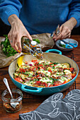 Vegetable and prosciutto casserole with mozzarella