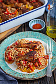 Chicken thighs baked with barley, tomatoes and peppers