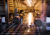 Weinfässer im Weingut, bei der Weinherstellung sind Wasser und Dampf vorhanden