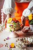 Pistachio naked cake with flower decoration