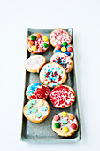 Iced sugar cookies with colorful sprinkles