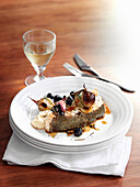 Roasted halibut with rosemary shallots and black olives