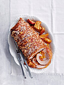 Crusted pork roll stuffed with chorizo and apricots