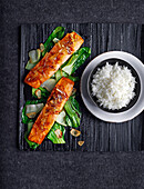 Ginger Salmon on garlic bok Choy with Rice