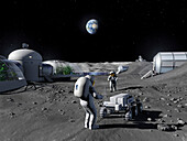 Astronauts at a Moon base, illustration