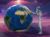 Alien with stethoscope listening to the Earth, illustration