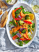 Roasted vegetable salad with yellow lentils