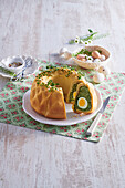 Savory spinach bundt cake with hard-boiled egg
