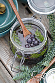 Pickled sloes with spruce needles