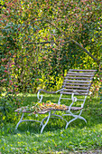 Liegestuhl in herbstlichem Garten unter Zierapfelbaum