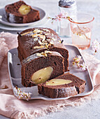 Chocolate bread baked with poached pears