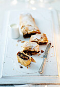 Pear and chocolate marzipan strudel