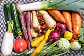Vegetables and fruit on wooden tray in the grass