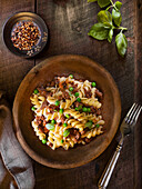 Fusili pasta with ground meat and peas