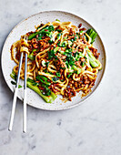 Asian noodles with ground meat and bok choy