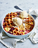 Raspberry and white chocolate waffle pudding