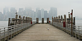 Blick auf die Skyline durch den Nebel von einem hölzernen Pier; New York City, New York, Vereinigte Staaten von Amerika